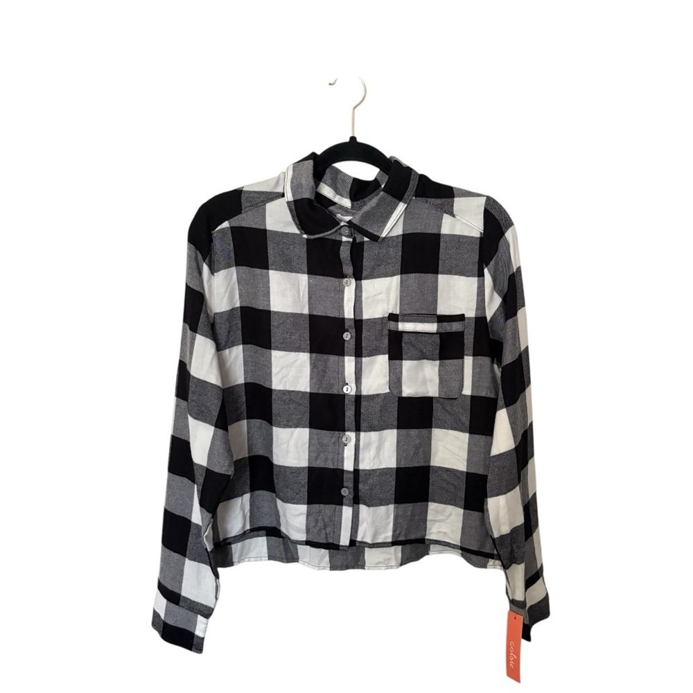 Colsie Medium‎ Black White Plaid Cropped Button Front Women Top NWT